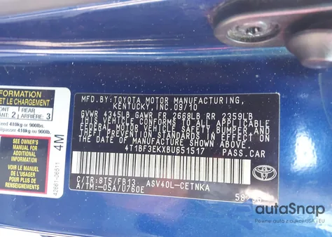 2011 Toyota Camry z USA, uszkodzony, nr VIN 4T1BF3EKXBU651517